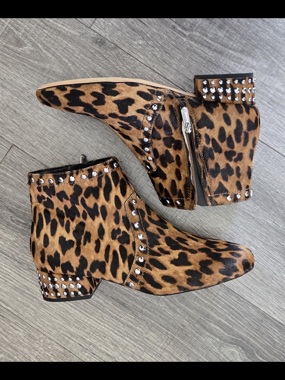 Sam Edelman Leopard Haircalf Studded Ankle Boots Women’s 9.5 Pointed Toe
